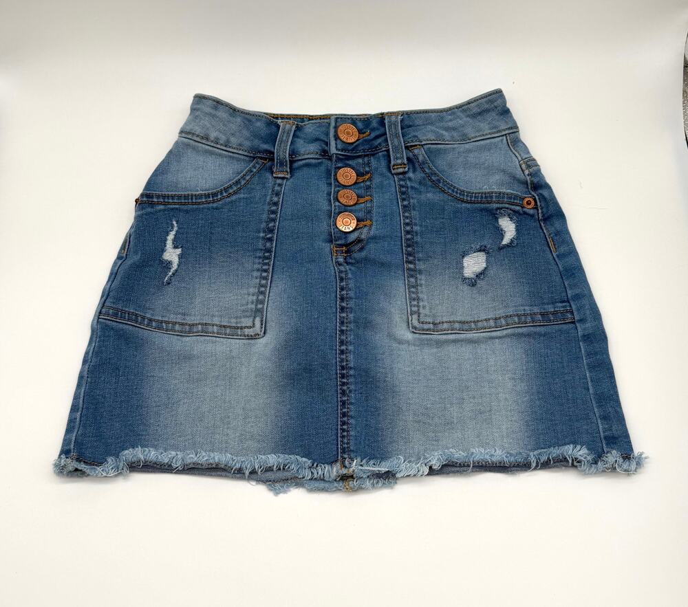 Justice Girls Size 8 Denim Skort Built In Shorts Distressed Frayed Hem Blue